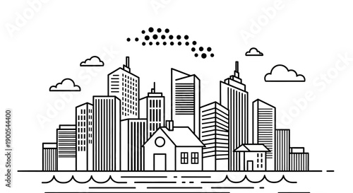 Minimalist line art illustration of a modern city skyline with skyscrapers, houses, and water.