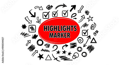 A collection of hand-drawn doodles and symbols surrounding a central red oval with the words "HIGHLIGHTS MARKER" written on it.