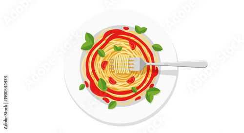 Vector illustration of spaghetti with tomato sauce and basil