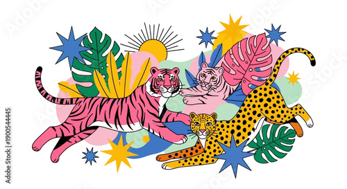 Vibrant illustration of stylized pink tigers and leopards amidst tropical leaves and abstract shapes under a sun.