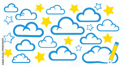 A whimsical illustration of fluffy blue and white clouds scattered among bright yellow stars, with a pencil drawing a cloud on the right.