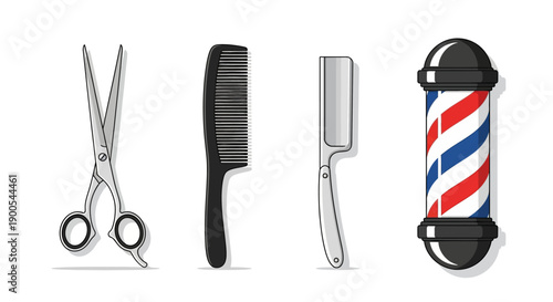 Barber tools set with scissors, comb, razor, and pole icon