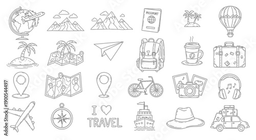 A collection of hand-drawn travel-themed icons including airplanes, mountains, maps, and luggage.