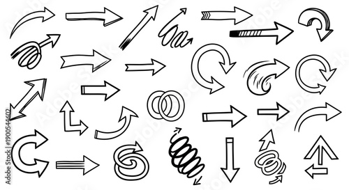 A collection of hand-drawn arrows in various styles and directions, illustrating movement and directionality.
