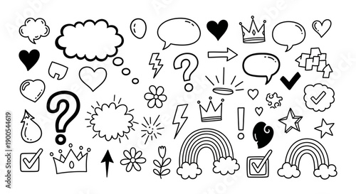 A collection of hand-drawn doodle elements including speech bubbles, hearts, question marks, crowns, rainbows, and lightning bolts.