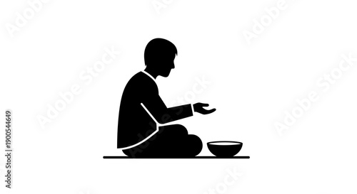 Silhouette of a person sitting and begging with a bowl