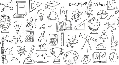 A detailed, hand-drawn illustration featuring a wide array of scientific and educational symbols, including molecules, books, calculators, microscopes, telescopes, and globes.