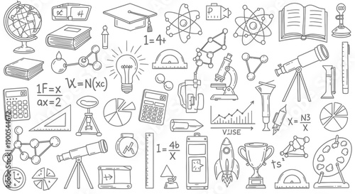 A detailed illustration of various science and education-related items, including scientific instruments, mathematical tools, and academic symbols.