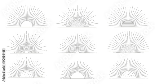 A collection of nine stylized sunburst graphics, each featuring a semi-circular sun with radiating lines and subtle decorative elements.