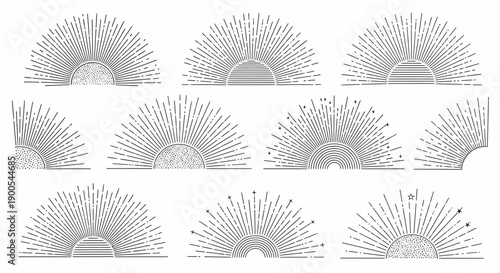 Collection of vintage sunburst graphics with radiating lines and dots, suitable for retro design elements.