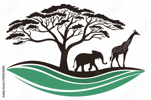 African savanna landscape with giraffe and zebra near watering hole