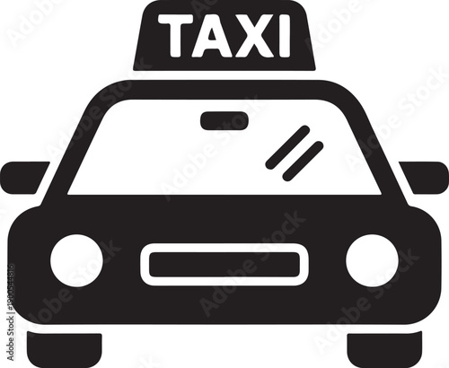 A black and white icon of a taxi cab with a sign on the roof