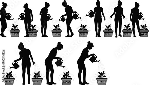 Set of woman silhouettes watering potted plants with a watering can, female gardener taking care of houseplants, domestic gardening hobby, isolated vector illustration,
