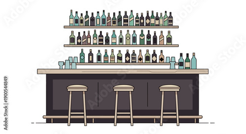 Minimalist bar counter with bottles and stools in vector illustration