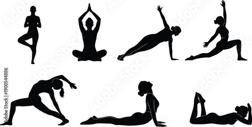 Set of woman yoga silhouettes practicing different poses and asanas, female fitness exercise icons isolated on white background, health and wellness