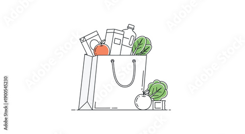 Minimalist line art illustration of a paper shopping bag filled with groceries including fresh fruit vegetables and packaged goods