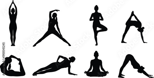 Set of yoga woman silhouettes, female figures practicing meditation and fitness poses, healthy lifestyle icons, zen wellness exercises, vector illustration, gym, yoga.