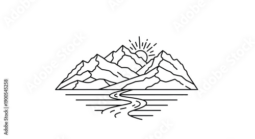 Minimalist line art illustration depicts a majestic mountain range with a rising sun illuminating a winding river flowing toward the foreground.