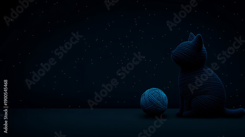 Cat yarn ball night star silhouette dark blue cute pet Joyful cat silhouette with yarn ball night sky full of stars suggests quiet chaos of playful imagination and dreamy calm mood for peaceful