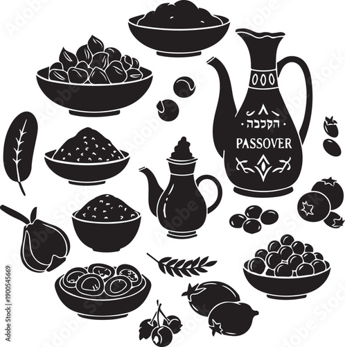 Passover food vector illustration collection including pitcher with hebrew text and various bowls