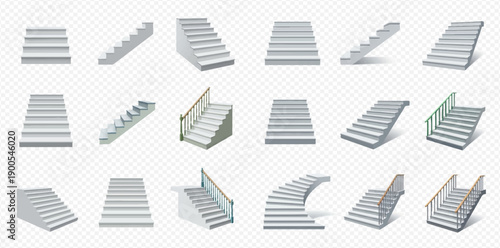 Set of realistic white staircases in various shapes and angles, isolated on a transparent background, for architectural and interior design concepts.