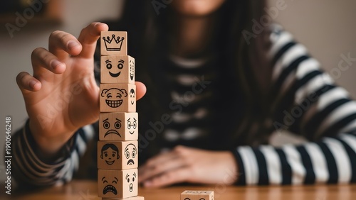 Woman building a tower with wooden blocks