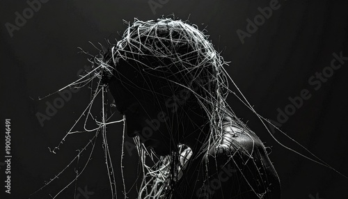 Dark and Moody Close-Up of a Person Wrapped in Tangled Threads, Evoking a Sense of Entrapment