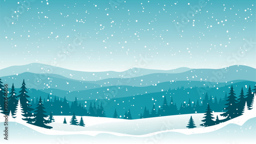 Serene winter landscape illustration with snowy pine forest, layered mountains and falling snow under blue sky