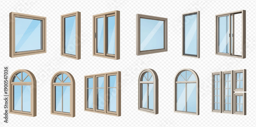 Set of realistic window frames with clear glass, various shapes and styles for architectural design.