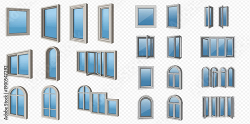 Collection of various window types and frames, including arched, rectangular, and multi-pane designs, isolated on transparent background.