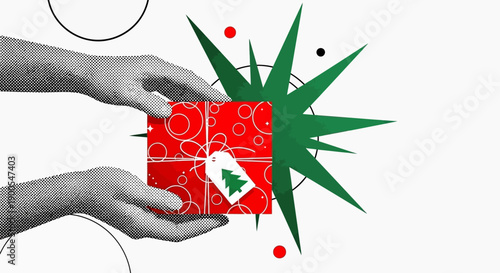 Hands Presenting a Festive Red Gift Box with Christmas Tree Tag and Starburst