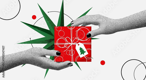 Hands Exchanging a Wrapped Gift with Festive Decoration, Generosity and Celebration Concept