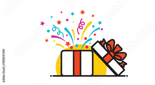 Open Gift Box with Colorful Confetti and Ribbons Bursting Out