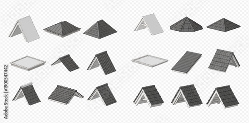 Set of various roof types and shapes, including gable, hip, flat, and shed roofs, isolated on a transparent background.