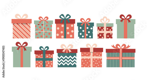 Collection of Festive Gift Boxes with Ribbons and Bows in Various Patterns
