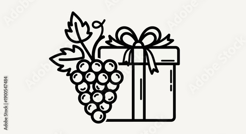 Gift box with bow and bunch of grapes and leaves icon, vector illustration