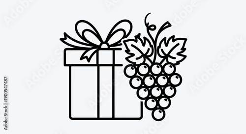 Gift Box Tied with Ribbon Next to Bunch of Grapes with Leaves and Vine