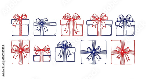 Collection of Hand-Drawn Gift Boxes with Ribbons in Red and Blue Colors