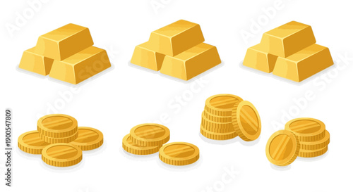 Collection of Gold Bars and Coins in Vector Illustration