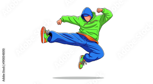 Dynamic illustration of a person performing a high jump kick in colorful attire