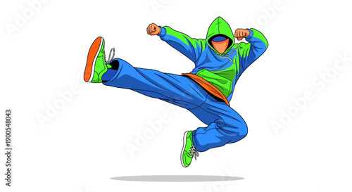 Dynamic illustration of a person in vibrant sportswear performing a high kick