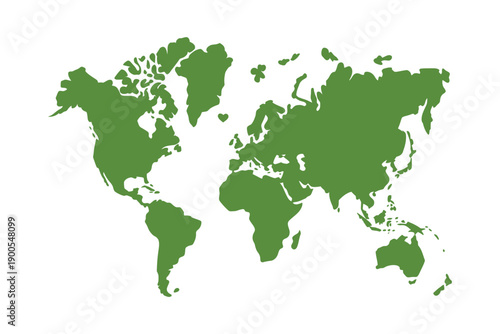 A green map of the world on a white background, symbolizing global unity and harmony