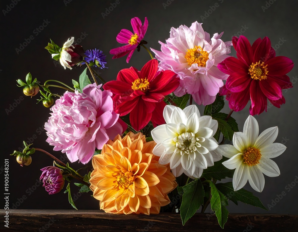 Fototapeta premium A vibrant still life features diverse, fully bloomed flowers in assorted colors, arranged against a dark backdrop