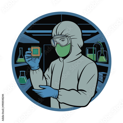 Scientist in protective gear meticulously examines a microchip in a sterile laboratory environment.