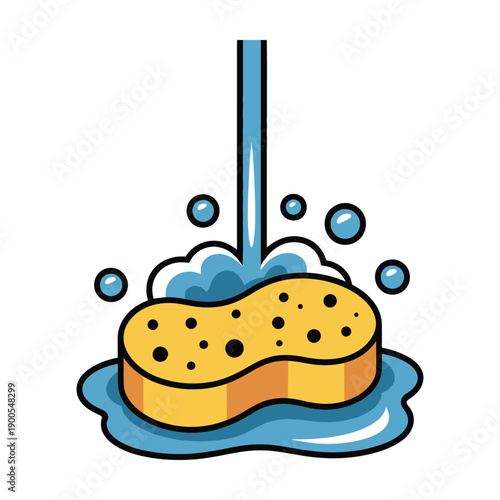 A cartoon sponge soaking up water with bubbles and foam around it