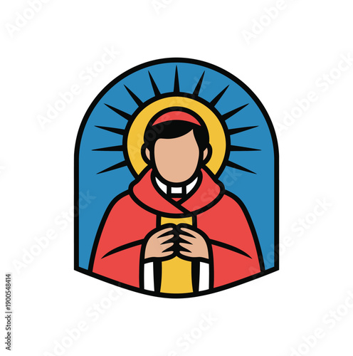 Stylized illustration of a clergyman holding a book, bathed in a radiant halo
