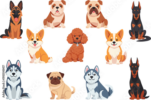 Cute cartoon dog breeds collection set with different puppies sitting and standing flat vector illustration
