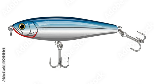 Realistic blue and silver fishing lure with treble hooks