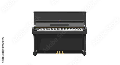 Realistic black upright piano isolated on white background