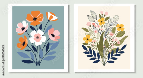 Bohemian Floral Arrangements with Vibrant Poppy and Daisy Illustrations on White Backgrounds
